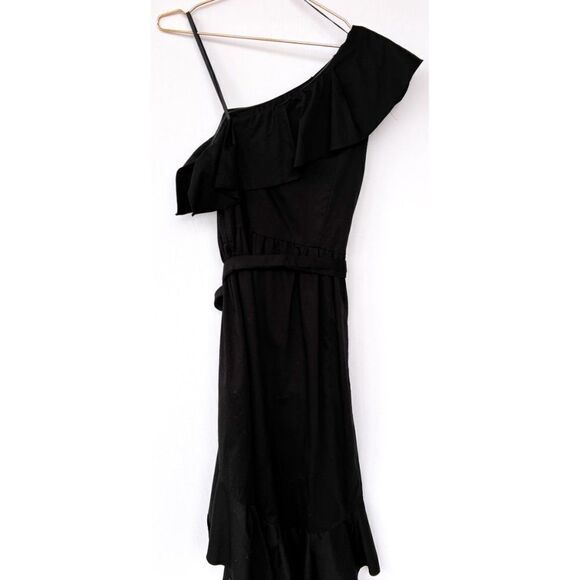 NWOT Adrianna Papell Black One Shoulder Tie Waist Ruffle High Low Hem Midi Dress - Picture 8 of 10